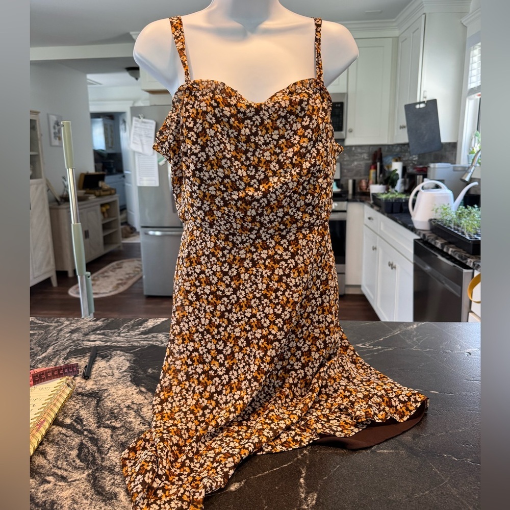 Lush Brown Floral Spaghetti-Strap Dress